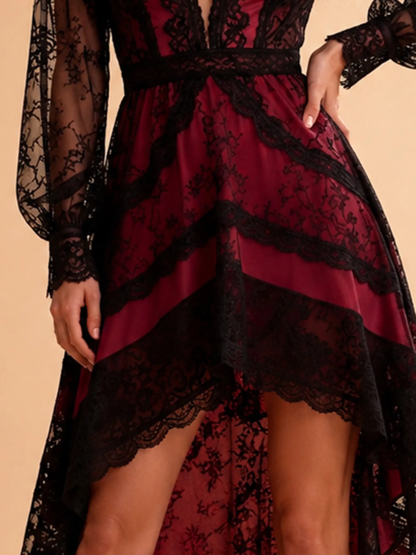 Vintage Lace Lantern Sleeve High-Low Maxi Dress