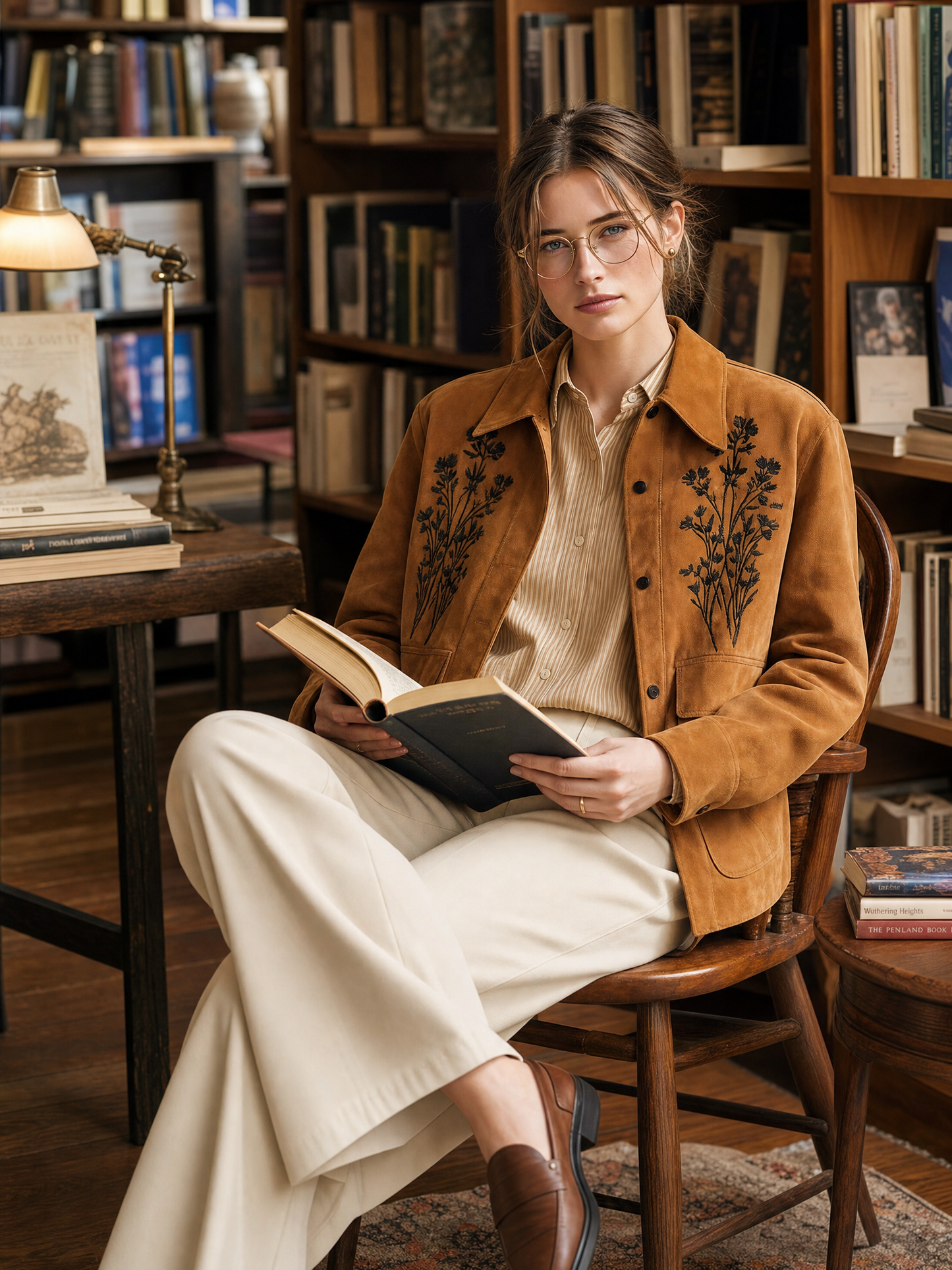 Women's Floral Embroidered Button Front Brown Jacket