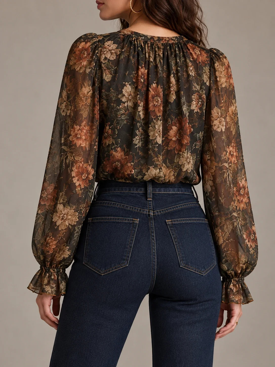 Dark Botanical Floral Sheer Bishop Sleeve Blouse