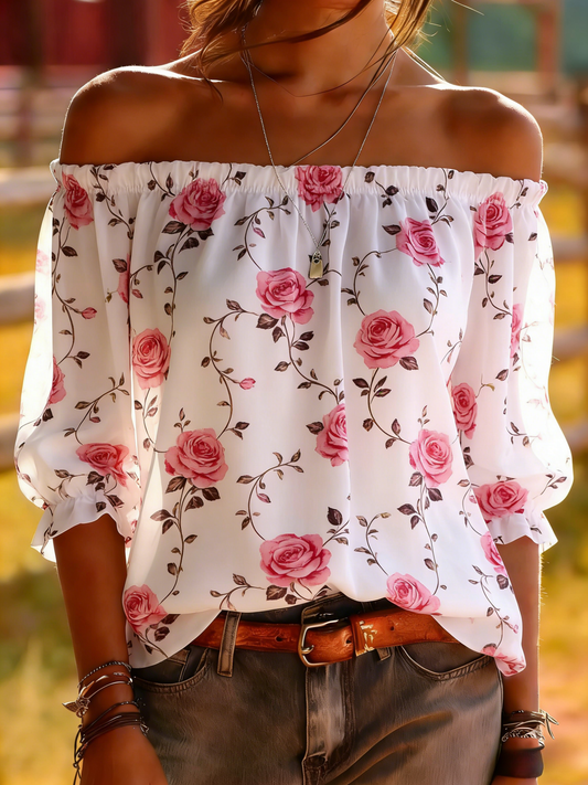 White Pink Rose Vine Off-Shoulder Blouse - Romantic Floral Top