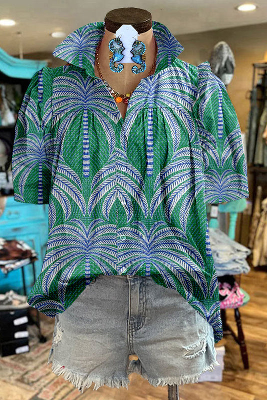 Holiday Island Coconut Tree Print Puff Sleeve Top