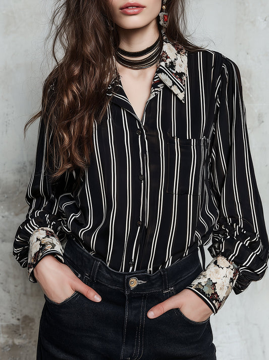Retro Striped Oil Painting Floral Satin Blouse