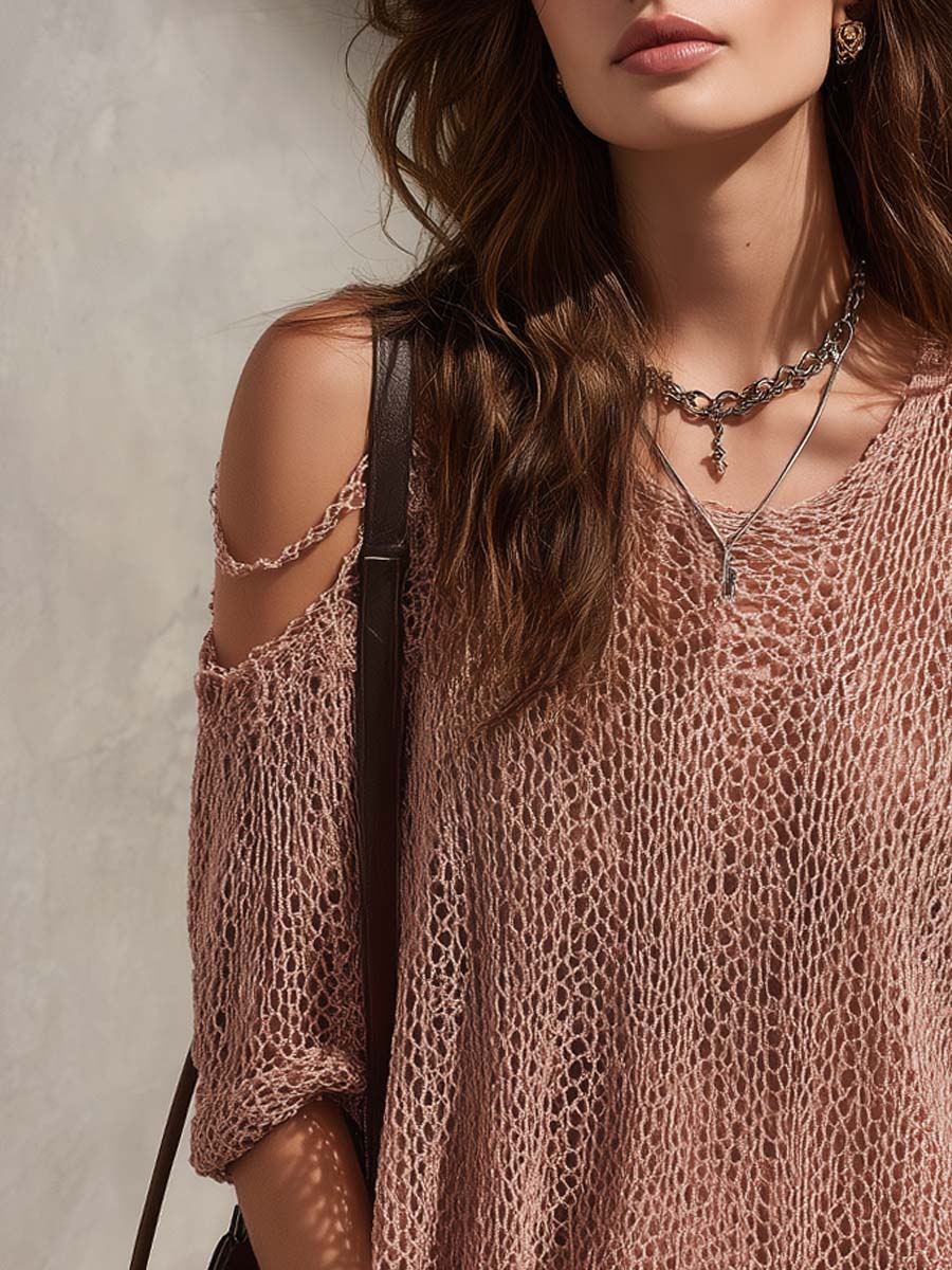 Retro Pink Cold-Shoulder Knitted Blouse