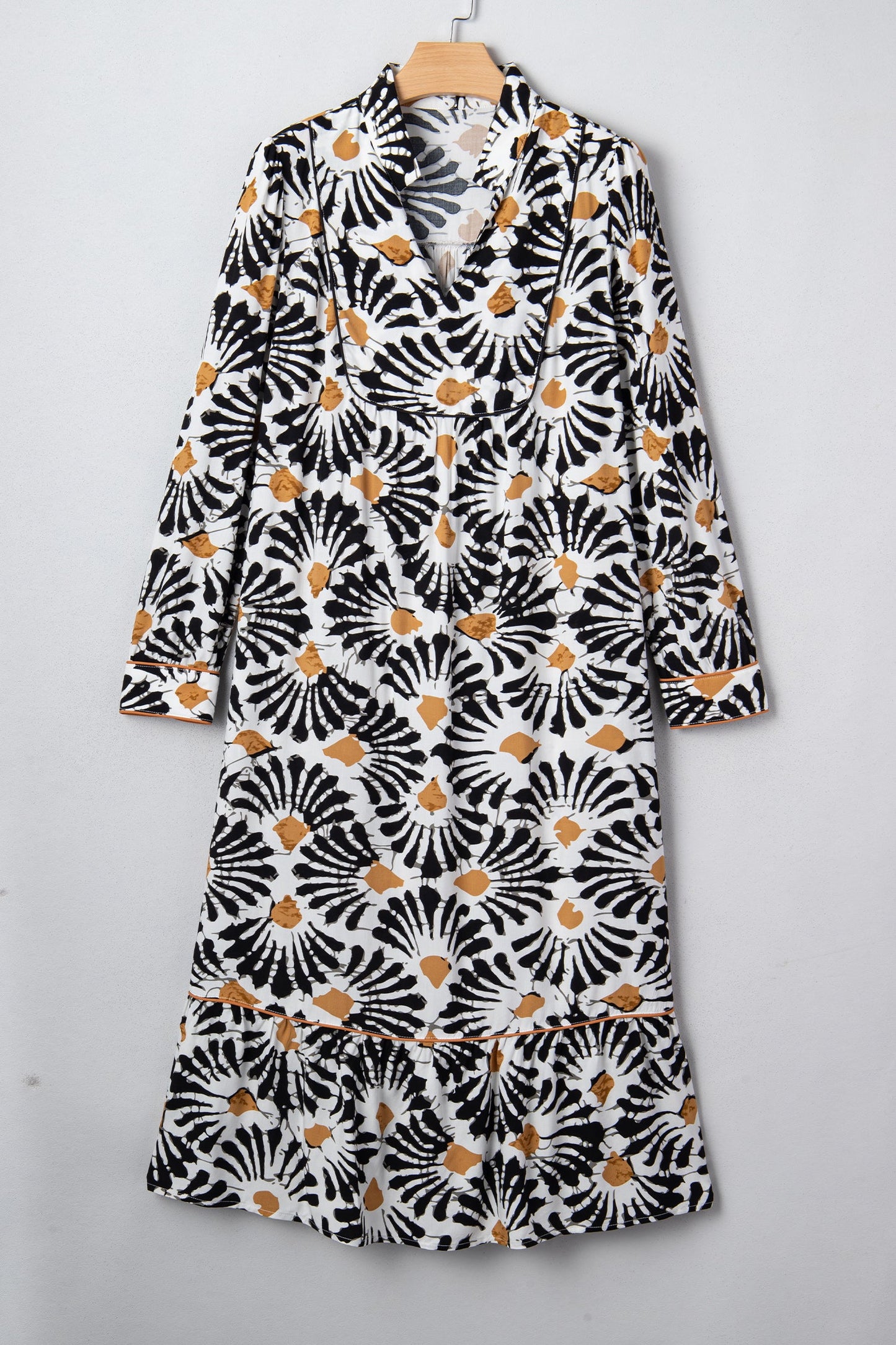 Black Abstract Floral Print Split V Neck Long Dress with Sleeves