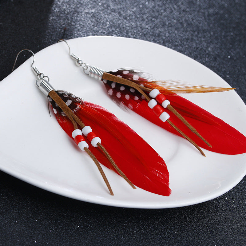 Boho Colorful Feather Beaded Tassel Earrings | Ethnic Style Unique Design Earrings
