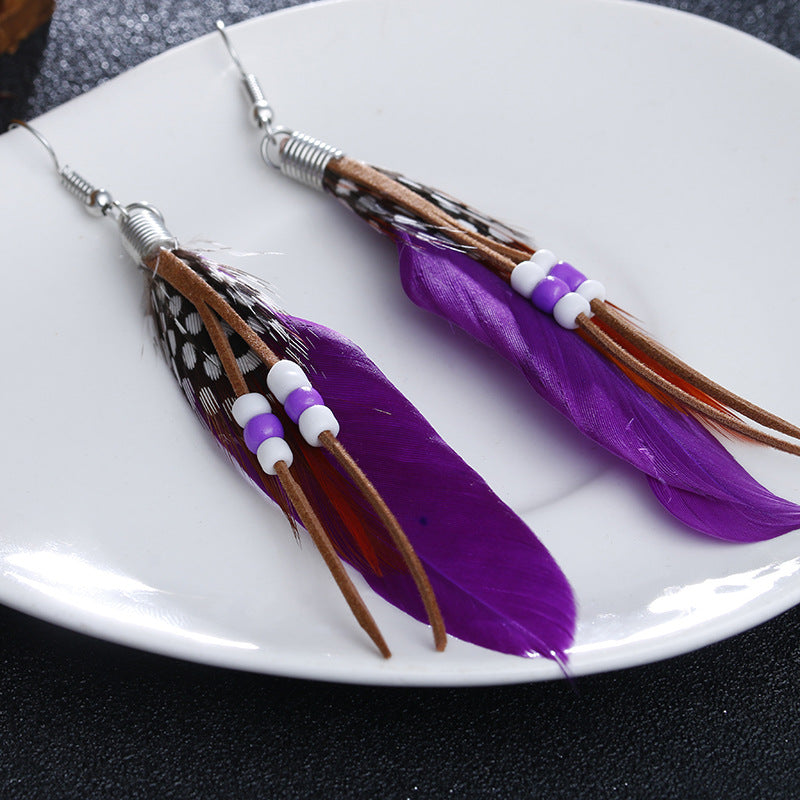 Boho Colorful Feather Beaded Tassel Earrings | Ethnic Style Unique Design Earrings