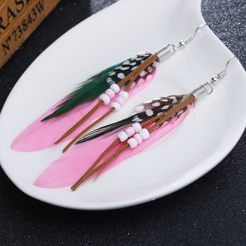Boho Colorful Feather Beaded Tassel Earrings | Ethnic Style Unique Design Earrings
