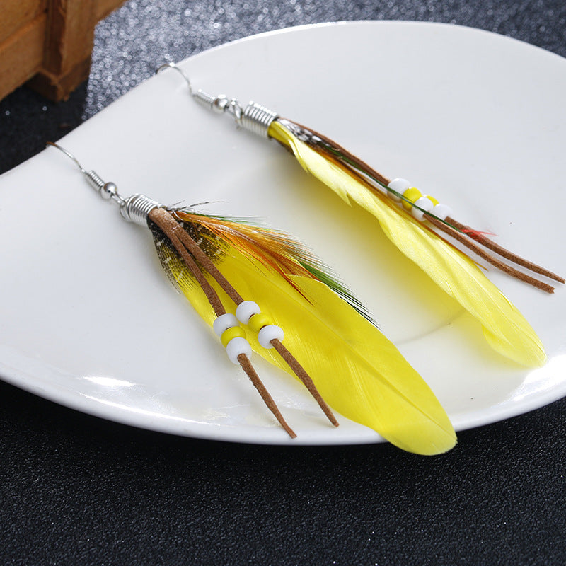 Boho Colorful Feather Beaded Tassel Earrings | Ethnic Style Unique Design Earrings