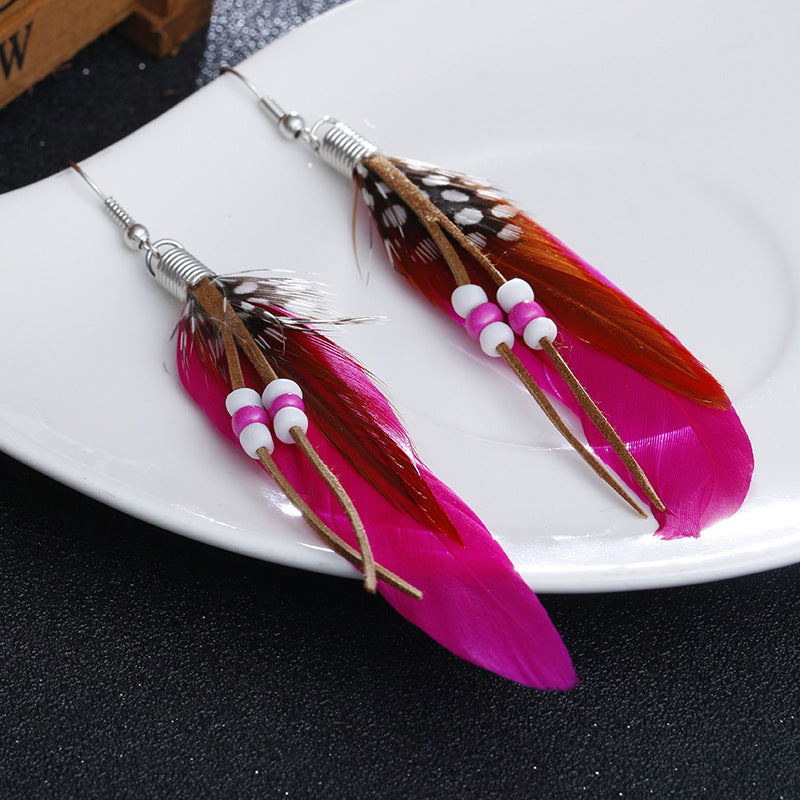 Boho Colorful Feather Beaded Tassel Earrings | Ethnic Style Unique Design Earrings
