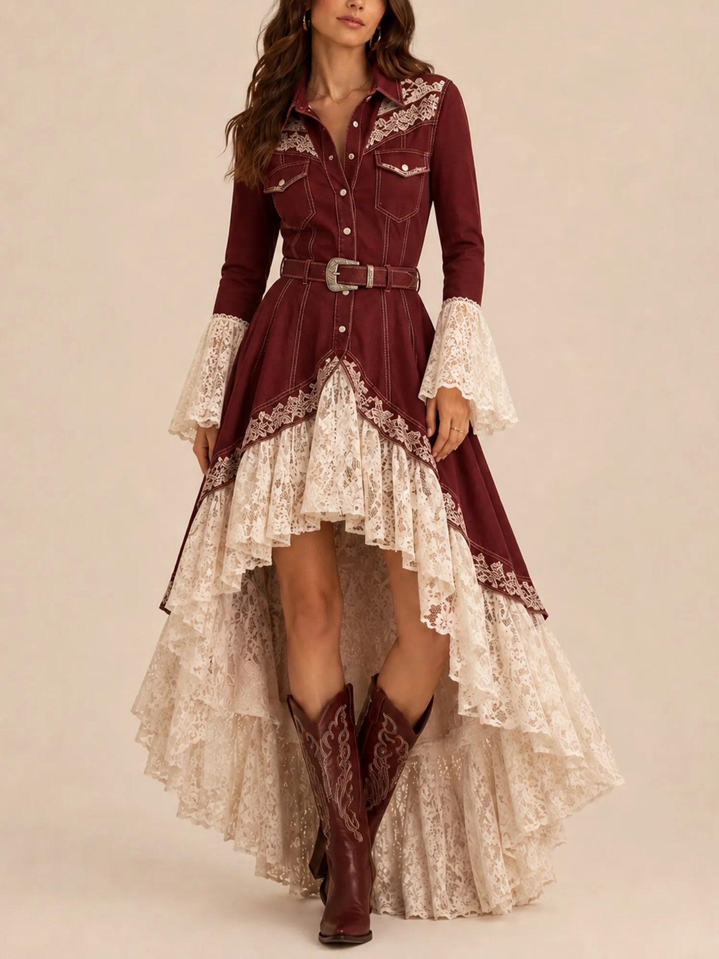 Western Dress — Asymmetrical Layered Ruffled Bell Sleeves Lace Fabric Maxi Dress