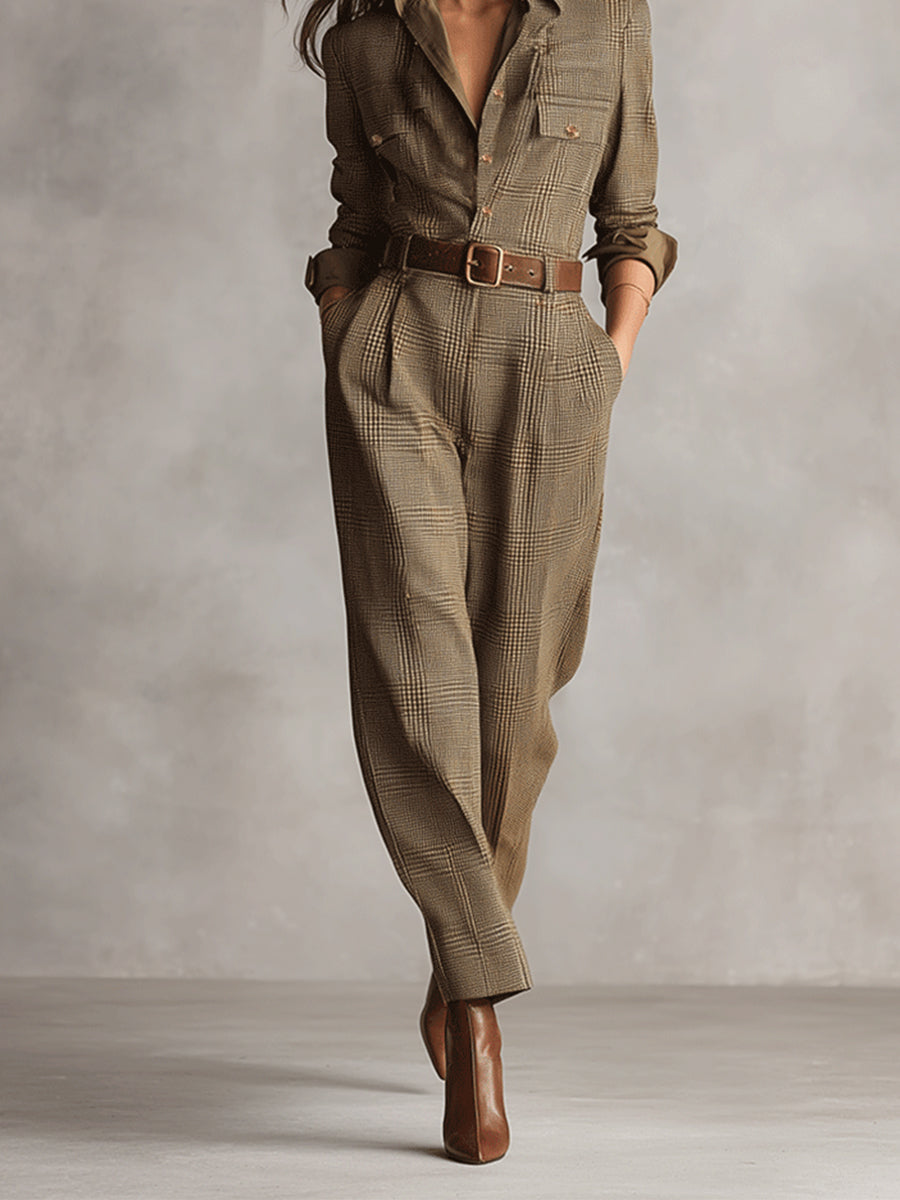 Women's Brown Sophisticated Tweed - Texture Plaid Utility Jumpsuit (without belt)