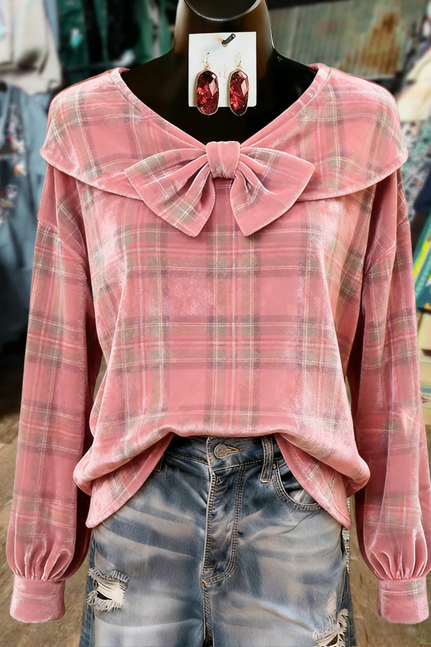 Holiday Plaid Bow Detailed Long Sleeve Velvet Top