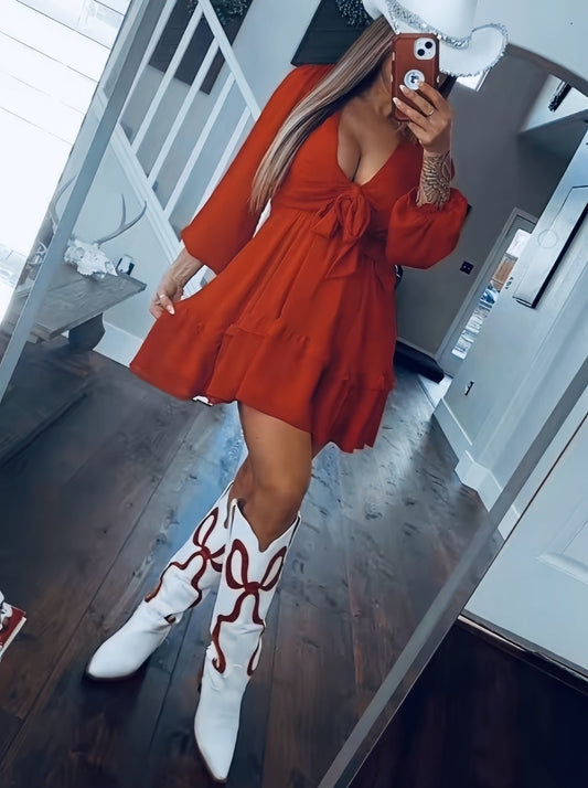 Women's Red Bow Long Sleeve Dress