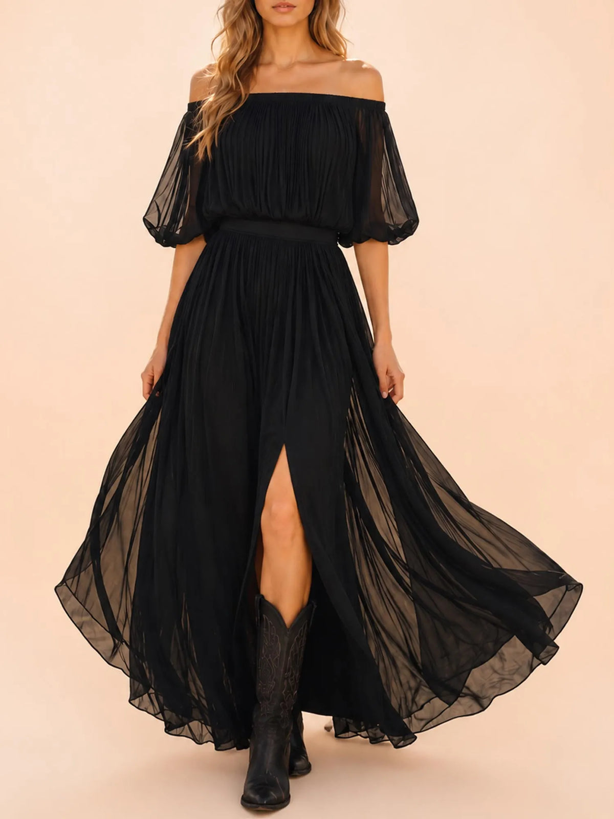 Perfect for Country Music Festivals — Black Off-the-Shoulder Pleated Chiffon Western Maxi Dress