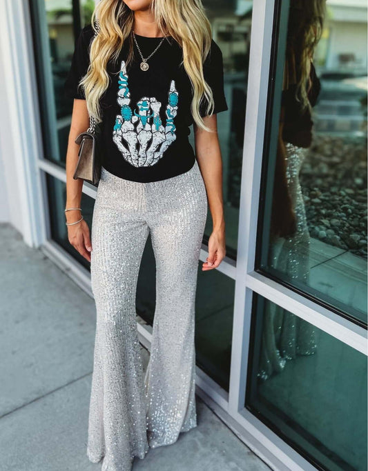 One Step Away Sequin Flare Pants