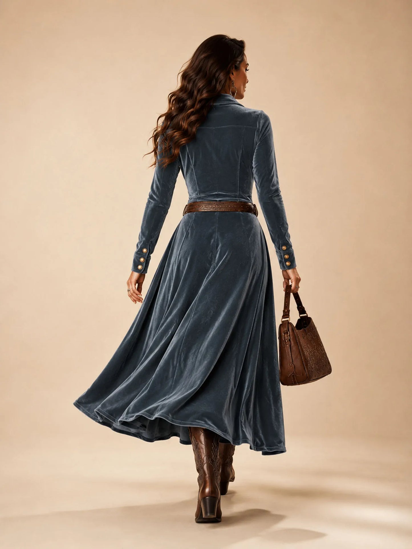 Blue-Grey Vintage Cinched, Velvet Texture, Slim Fit Maxi Dress(No Belt)