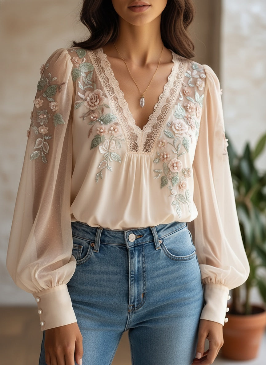 Elegant Floral Embroidered Chiffon Blouse with V-Neck and Puff Sleeves
