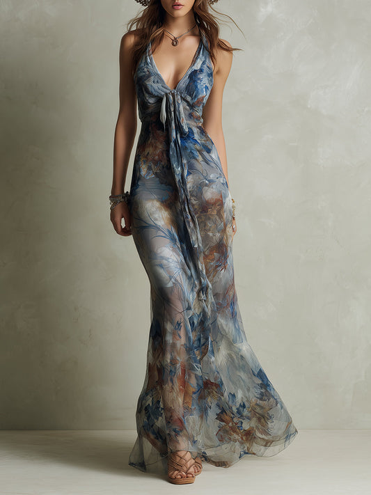 Vintage Holiday Floral Print Chiffon Maxi Dress With Tie-neck Detail