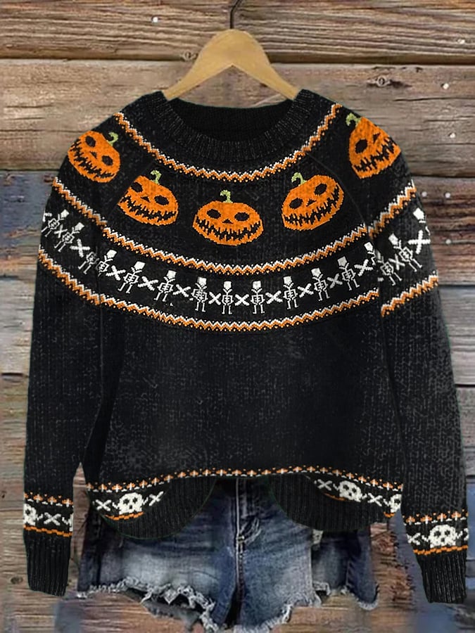 Women's Pumpkin Halloween Casual Round Neck Print Knitted Sweater