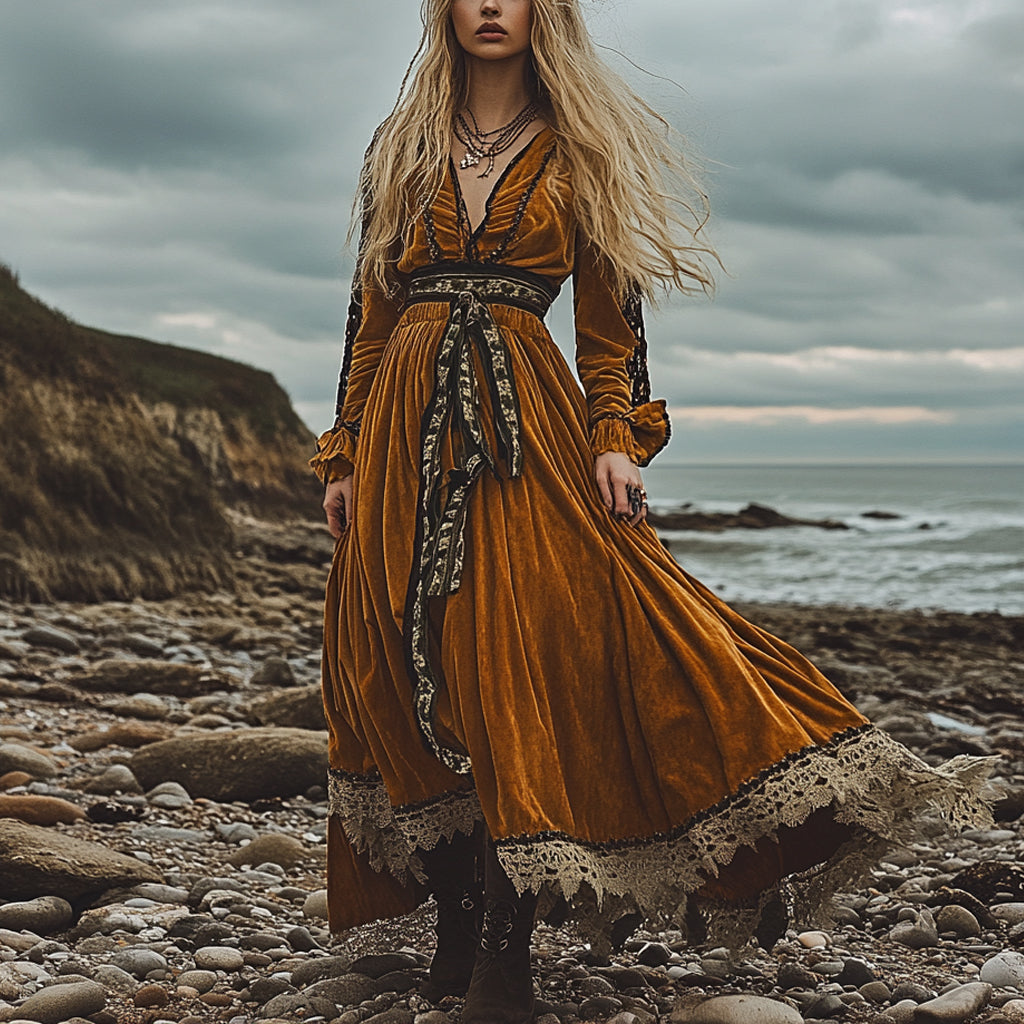 Breezy Bohemian Beach Vacation Autumn And Winter Velvet Ethnic Style Fluttering Dress