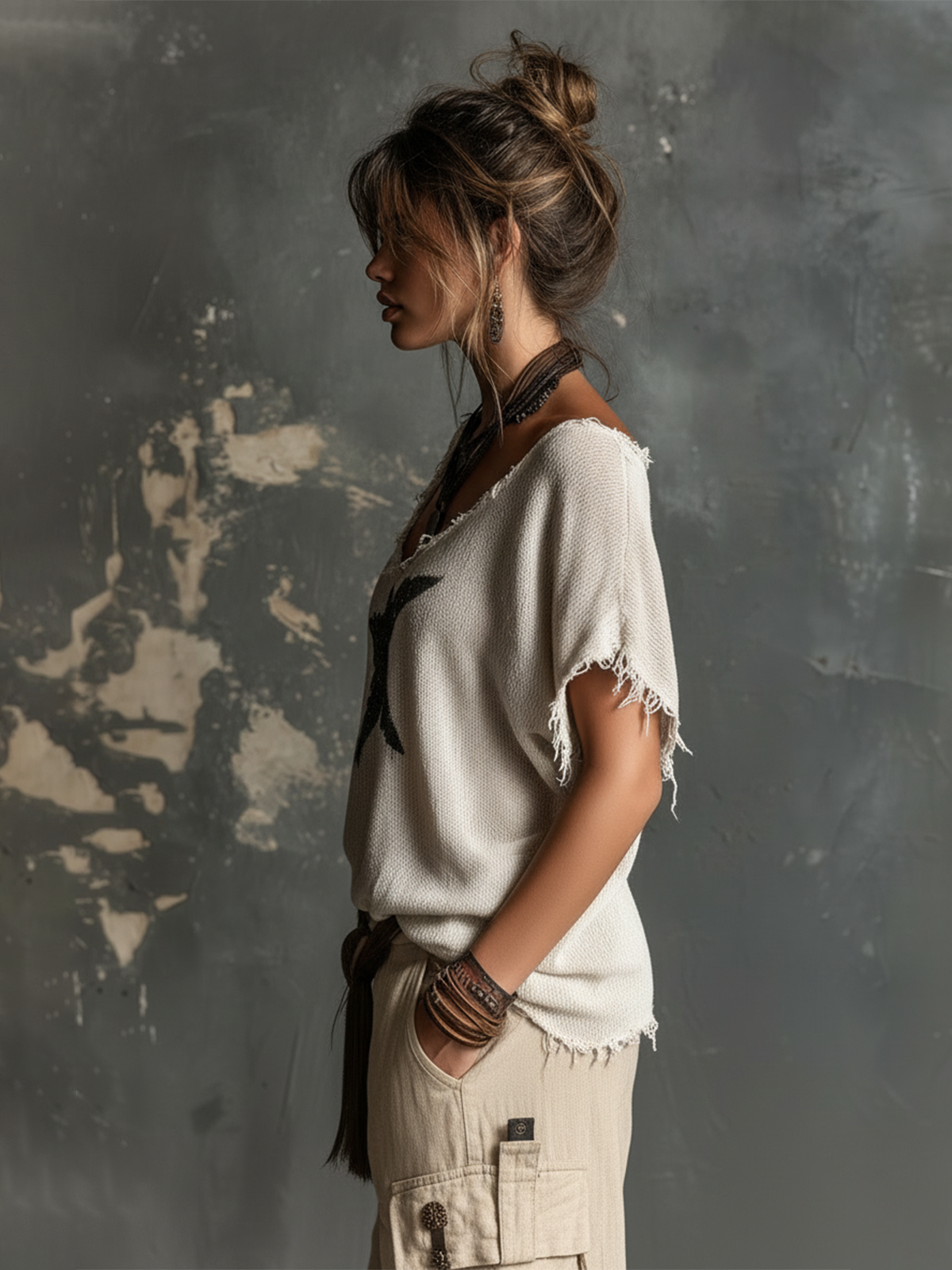 Chic Casual White V-Neck Star Jacquard Raw Edge Dolman Sleeves Loose-Fit Knit SweaterTop