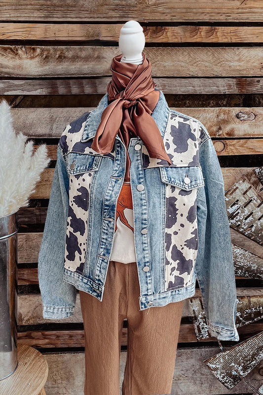 Vintage Western Cow Print Patchwork Denim Jacket