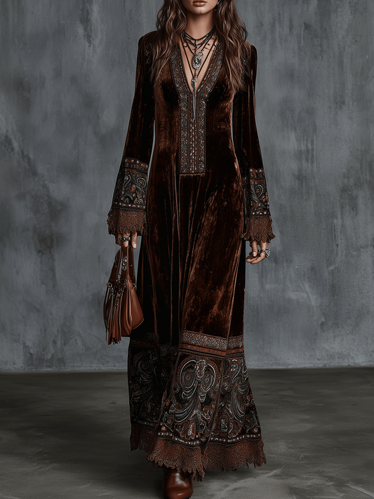 Bohemian Velvet Embroidered Borders Maxi Dress
