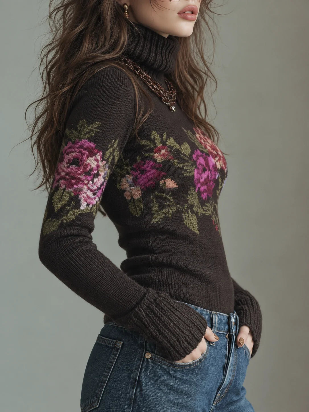 Oil Painting-style Floral Knit Sweater