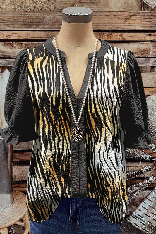 Chic Tiger Print V-Neck Puff Sleeve Top