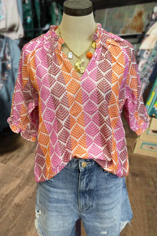 Geo Print V-Neck Half Sleeve Top