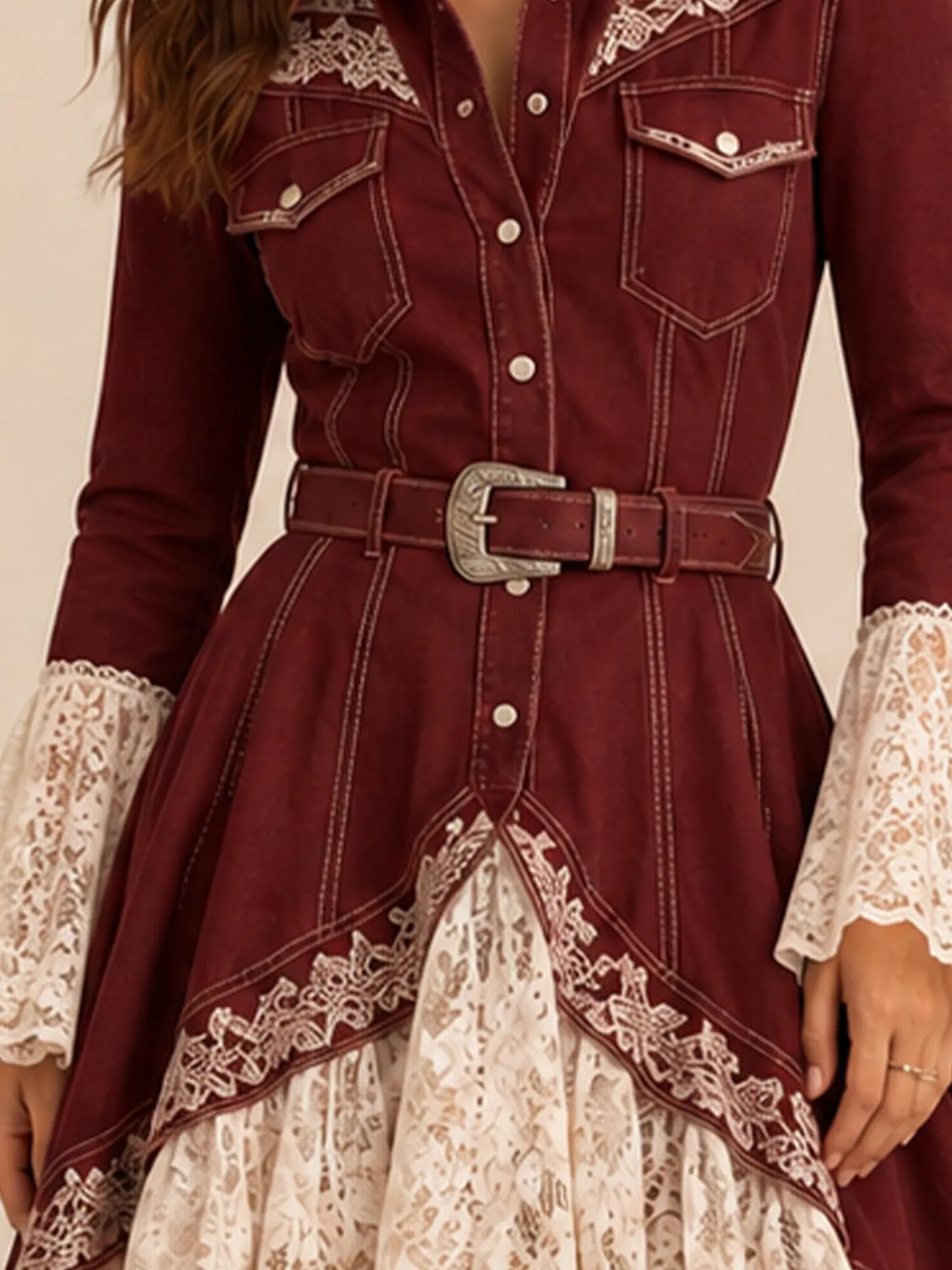 Western Dress — Asymmetrical Layered Ruffled Bell Sleeves Lace Fabric Maxi Dress