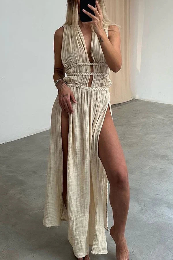 Boho with Elegance Linen Blend Braids Belt Cutout Slit Kaftan Maxi Dress