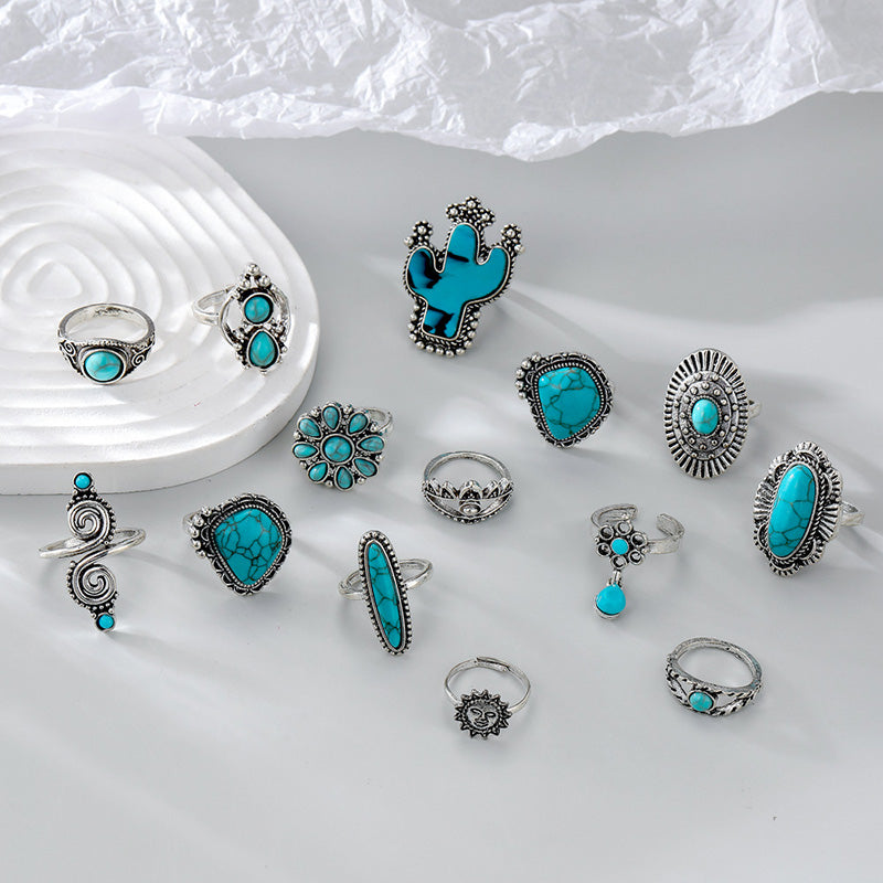 14PCS Turquoise Cactus Carved Ring Set