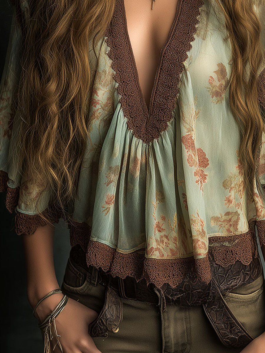 Vintage V-Neck Floral Chiffon Lace Trim Blouse With Bell Sleeves