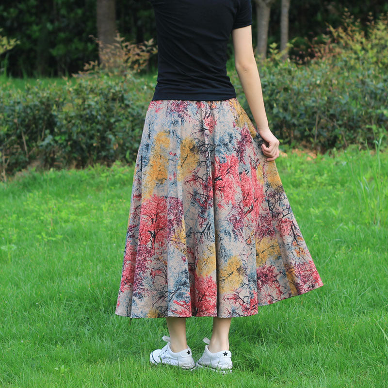 Cotton and linen printed maxi skirt | Retro ethnic style elastic waist midi skirt