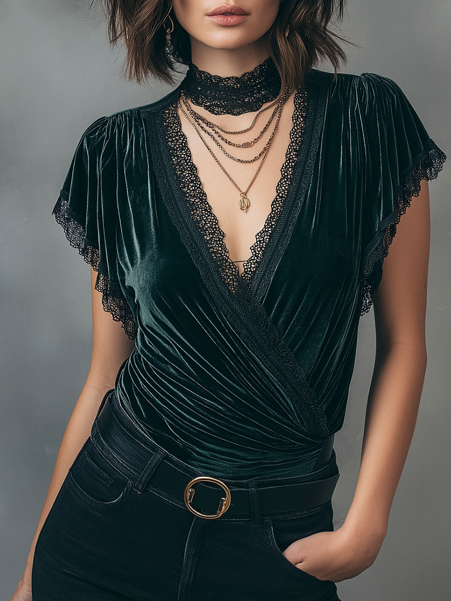 Vintage V-Neck Velvet Wrap Blouse With Lace Trim