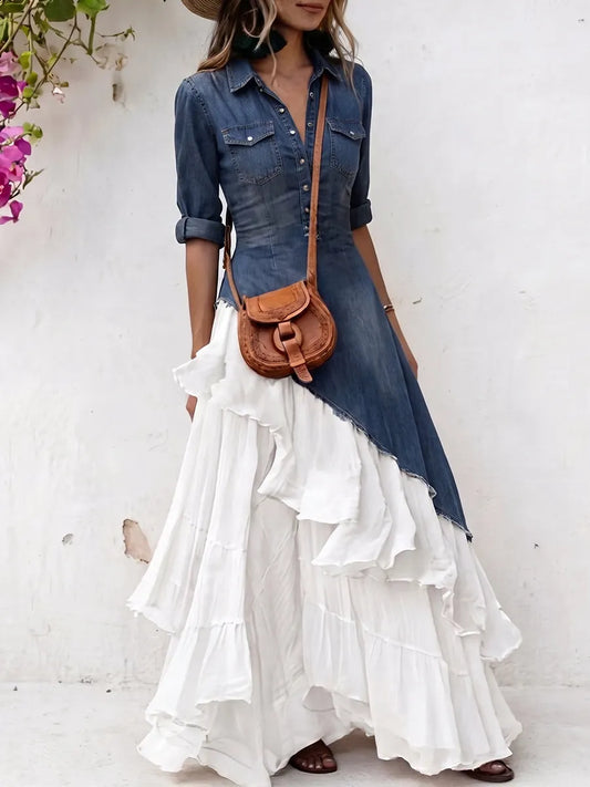 Asymmetrical Denim Patchwork Chiffon Maxi Dress