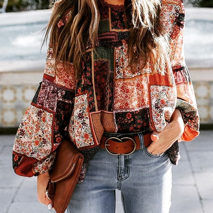 Bohemian Style Loose Long Sleeve Personalized Printed Shirt