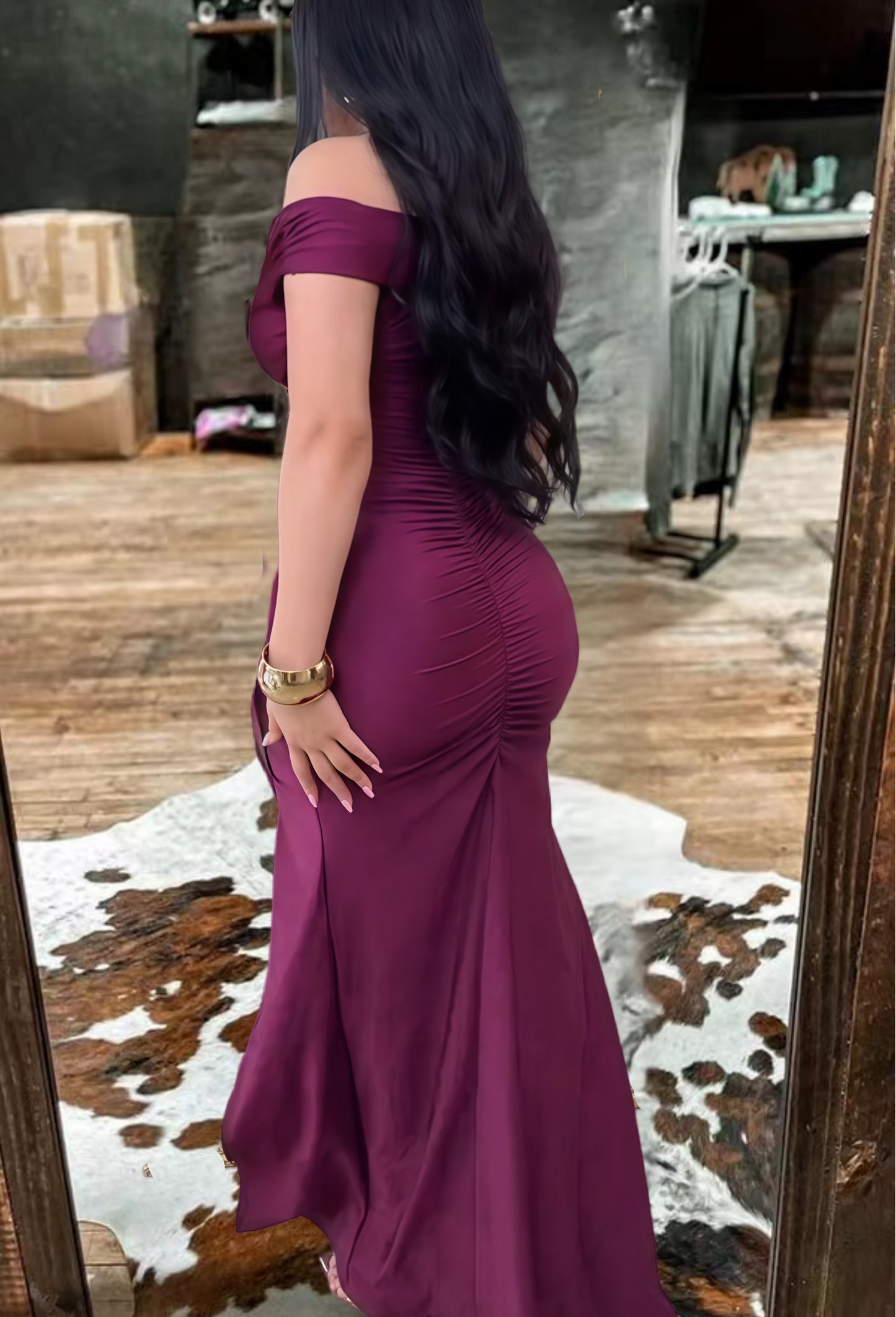 Off-Shoulder Ruched Evening Maxi Dress