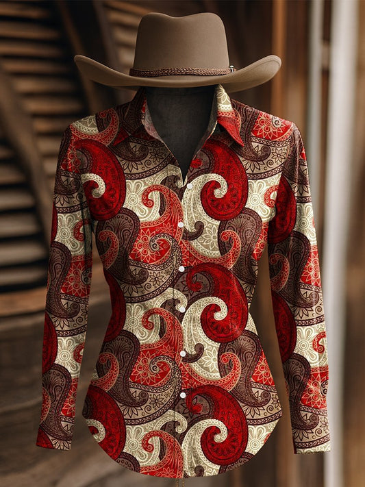 Women's Vintage Floral Print Western Long Sleeve Shirt