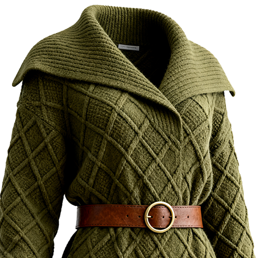 Women's Vintage Olive Green Cable Knit Wrap Sweater Dress