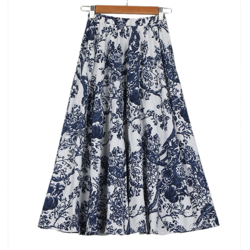 Cotton and linen printed maxi skirt | Retro ethnic style elastic waist midi skirt