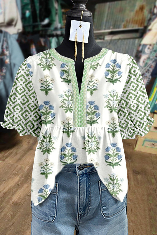 Mixed Floral Print Embroidered V-Neck Top
