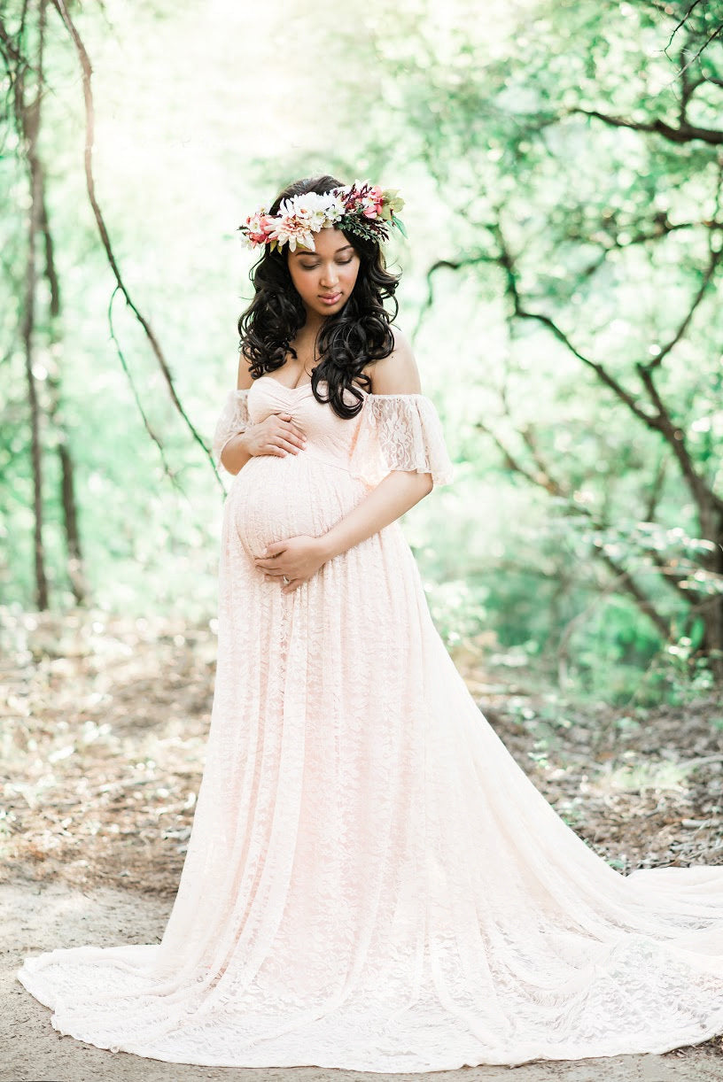 Maternity Photo Shoot Off Shoulder Lace Trailing Maxi Dress