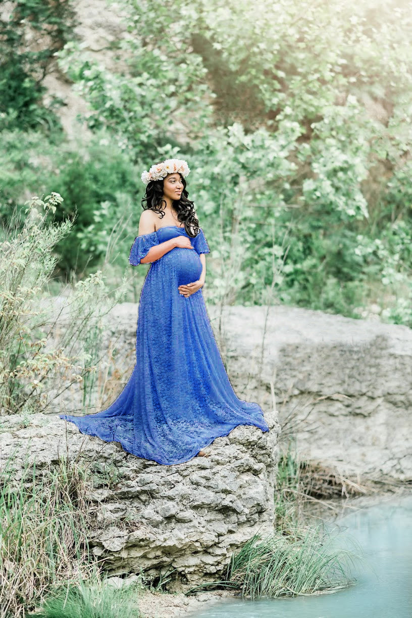 Maternity Photo Shoot Off Shoulder Lace Trailing Maxi Dress