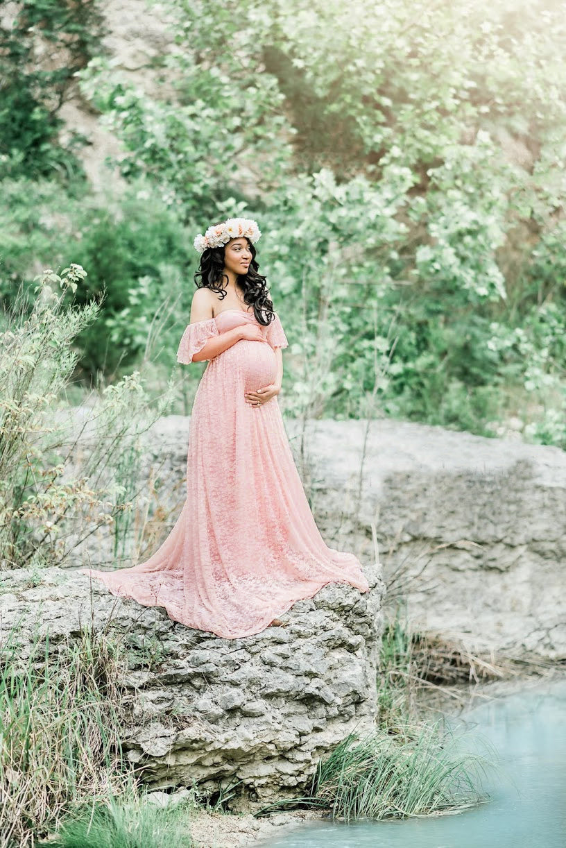 Maternity Photo Shoot Off Shoulder Lace Trailing Maxi Dress