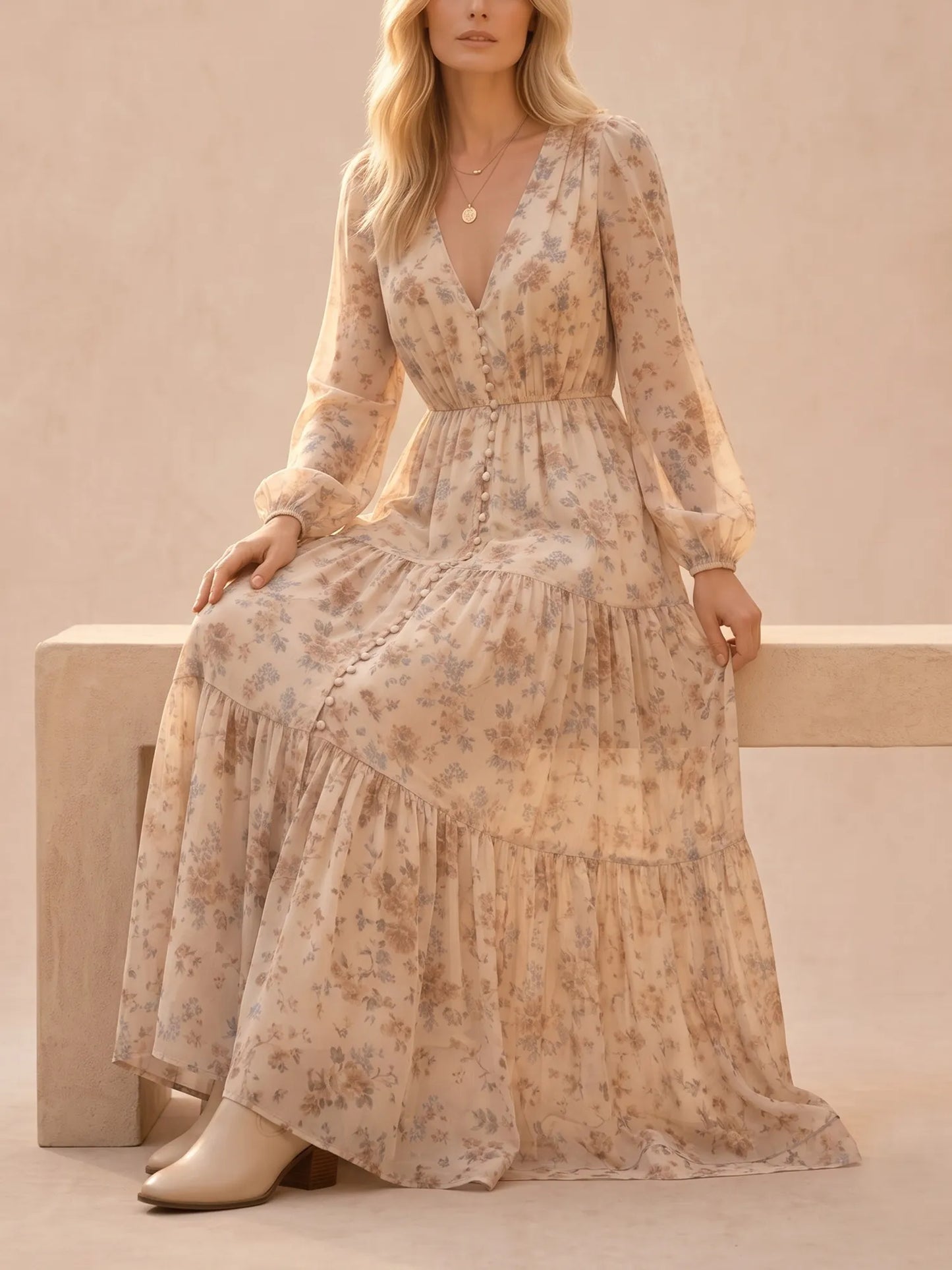 Western Dress — Ivory Apricot Plunging V-Neck Button Placket Long Sleeve Lace Dress Maxi Dress