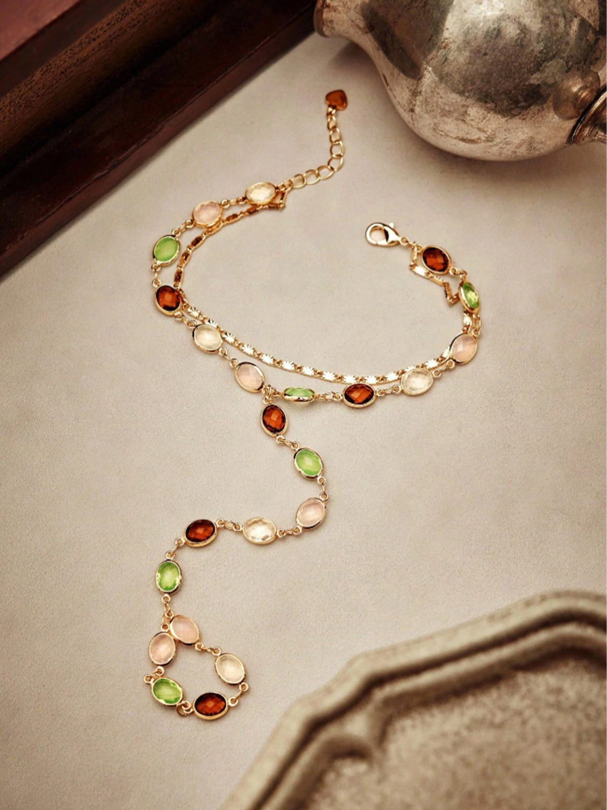 Western Accessory — Multicolor Gemstone Gold Chain Slave Bracelet Finger Ring