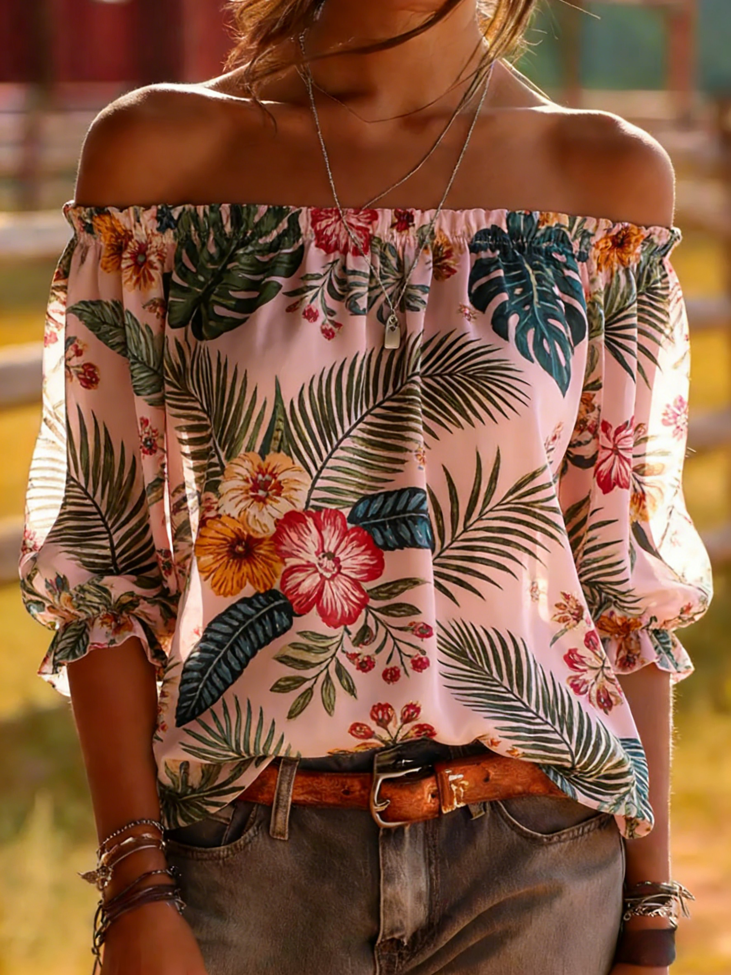 Pink Tropical Floral Off-Shoulder Blouse - Palm Leaf Balloon Sleeve Top