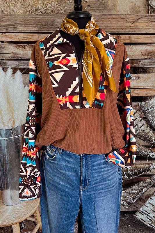 Western Aztec Patchwork Half-Zip Top